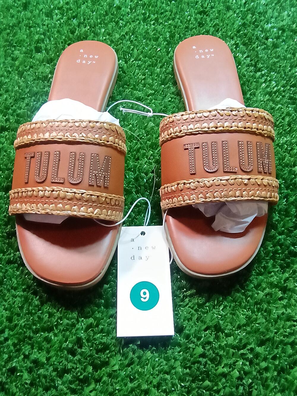 New Day Cognac Brown Flat Slide Sandals Size 9
